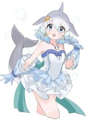 Rule 34 | 1girl, back bow, bare shoulders, blonde hair, blowhole, blue dress, blue eyes, blue gloves, blue trim, blush, bow, cetacean tail, common bottlenose dolphin (kemono friends), cosplay, cowboy shot, dorsal fin, dress, earrings, fins, fish tail, frilled dress, frilled gloves, frills, gloves, grey hair, hair between eyes, hair ornament, head fins, houshou hanon (idol), houshou hanon (idol) (cosplay), jewelry, kemono friends, looking at viewer, mermaid melody pichi pichi pitch, microphone, necklace, open mouth, shell, shell necklace, shimazoenohibi, short hair, sidelocks, smile, solo, star (symbol), star earrings, star hair ornament, strapless, strapless dress, tail, white dress, white hair