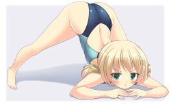 Rule 34 | 1girl, arm rest, ass, border, commentary request, competition swimsuit, green eyes, grey background, hands on ground, hizuki aki, jack-o&#039; challenge, long hair, looking at viewer, multicolored clothes, multicolored swimsuit, one-piece swimsuit, original, short hair, solo, spread legs, swimsuit, top-down bottom-up, twintails, two-tone background, white border, wide spread legs
