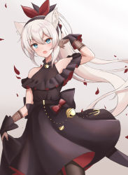 Rule 34 | 1girl, anchor, animal ears, arm up, azur lane, bare shoulders, bell, black dress, black headband, black pantyhose, blue eyes, blush, bow, breasts, budesonide, cat ears, dress, fangs, fishnet gloves, fishnets, gloves, gradient background, hair ornament, hammann (azur lane), hammann (prideful fairy of the ballroom) (azur lane), headband, highres, jingle bell, long hair, looking at viewer, neck bell, open mouth, pantyhose, petals, pleated dress, ponytail, ribbon, silver hair, solo, two-tone dress, very long hair