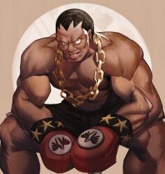 Rule 34 | 1boy, absurdres, balrog (street fighter), black hair, black shorts, boxing shorts, buzz cut, caprara, chain, chain necklace, commentary, constricted pupils, dark-skinned male, dark skin, english commentary, furrowed brow, gloves, gold chain, highres, jewelry, lips, male focus, muscular, muscular male, necklace, nose, pectorals, red gloves, short hair, shorts, sitting, solo, star (symbol), street fighter, sweat, topless male, very dark skin, very short hair