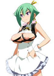 Rule 34 | 10s, 1girl, aquarion (series), aquarion evol, breasts, bursting breasts, green hair, hair ribbon, inue shinsuke, large breasts, nipples, purple eyes, revealing clothes, ribbon, short hair, simple background, skindentation, smile, solo, white background, wrist cuffs, zessica wong