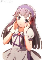Rule 34 | 10s, 1girl, alternate costume, apron, black eyes, black hair, dress, enmaided, eyebrows, hands on own cheeks, hands on own face, headdress, idolmaster, idolmaster cinderella girls, kobayakawa sae, long hair, looking at viewer, looking to the side, maid, maid headdress, neck ribbon, ookami maito, ribbon, simple background, smile, solo, white background, wrist cuffs