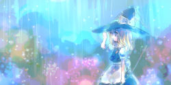 Rule 34 | 1girl, apron, blonde hair, bow, braid, broom, colorful, female focus, hair bow, hand on headwear, hat, kirisame marisa, nature, outdoors, plant, profile, rain, side braid, skirt, sky, solo, torii sumi, touhou, witch, witch hat, yellow eyes