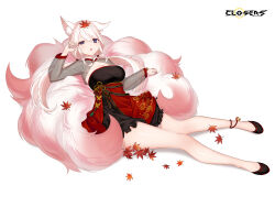 Rule 34 | 1girl, :o, alternate hair color, animal ear fluff, animal ears, ankle bell, autumn leaves, black dress, black footwear, breasts, cleavage, cleavage cutout, closers, clothing cutout, copyright name, dress, ear down, fox ears, fox girl, fox tail, full body, hand up, highres, kitsune, kyuubi, large breasts, layered dress, leaf, leaf on head, levia (closers), logo, long hair, long sleeves, low twintails, lying, lying on tail, maple leaf, multiple tails, no pupils, official art, on back, pink tail, purple eyes, red dress, rubbing eyes, see-through, see-through sleeves, sleepy, solo, tail, twintails, two-tone dress, uneven eyes, white background, white hair