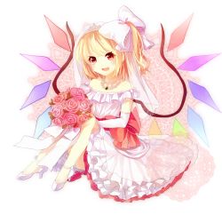 Rule 34 | 1girl, alternate costume, alternate hairstyle, ayarin103, bare legs, bare shoulders, blonde hair, bouquet, bow, dress, elbow gloves, female focus, flandre scarlet, flower, gloves, hair bow, high heels, jewelry, necklace, no headwear, no headwear, red eyes, rose, shoes, short hair, side ponytail, sitting, smile, solo, embodiment of scarlet devil, touhou, wedding dress, white gloves, wings