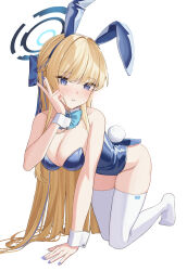 Rule 34 | 1girl, absurdres, all fours, animal ears, aqua bow, aqua bowtie, bare arms, bare shoulders, blonde hair, blue archive, blue eyes, blue hairband, blue nails, blush, bow, bowtie, breasts, cleavage, detached collar, fake animal ears, fake tail, full body, hair ornament, hairband, halo, hand up, highres, large breasts, leotard, long hair, medium breasts, nail polish, official alternate costume, parted lips, playboy bunny, rabbit ears, rabbit tail, simple background, smile, solo, tail, thighhighs, toki (blue archive), toki (bunny) (blue archive), white background, white thighhighs, wrist cuffs, yt9676