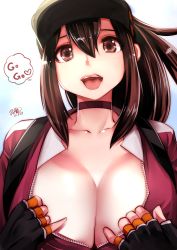 Rule 34 | 10s, 1girl, artist name, baseball cap, breasts, brown eyes, brown hair, choker, cleavage, collarbone, commentary request, dated, female protagonist (pokemon go), fingerless gloves, gloves, hat, highres, large breasts, lips, long hair, looking at viewer, open clothes, open mouth, open shirt, pokemon, pokemon go, ponytail, shirt, simple background, solo, souryu, speech bubble, teeth, unzipped, upper body