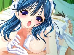 Rule 34 | 1girl, blue eyes, blue hair, bow, breasts, censored, cunnilingus, frills, gloves, large breasts, long hair, nipples, open mouth, oral, penis, solo focus, thighhighs, white gloves, white thighhighs