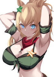 Rule 34 | 1girl, absurdres, animal ears, armband, armpits, arms behind head, arms up, bandeau, bikini, bikini under clothes, blue eyes, breasts, brown hair, cleavage, commentary request, detached sleeves, eve on k, front-tie top, green armband, hair ornament, highres, horse ears, large breasts, long hair, looking at viewer, midriff, partial commentary, smile, solo, star (symbol), star hair ornament, stomach, strapless, swimsuit, taiki shuttle (umamusume), tube top, umamusume, upper body