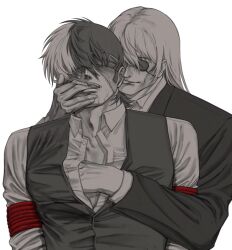 Rule 34 | 2boys, adam&#039;s apple, bdsm, black jack (character), black jack (series), blindfold, bondage, bound, bound arms, buttons, collarbone, collared shirt, ear licking, eyepatch, finger in another&#039;s mouth, greyscale, hand under clothes, hand under shirt, highres, jacket, kiriko (black jack), licking, long hair, long sleeves, male focus, monochrome, multicolored hair, multiple boys, oldkin, rope, shirt, short hair, sideburns, simple background, split-color hair, spot color, stitched face, stitches, vest, yaoi