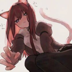 1girl :&lt; adversarial_noise animal_ears black_pantyhose blush brown_jacket cat_ears cat_tail commentary dot_nose eyebrows_hidden_by_hair fang fang_out feet_out_of_frame fingernails from_below hair_between_eyes highres jacket kemonomimi_mode long_fingernails long_hair long_sidelocks looking_at_viewer looking_down makise_kurisu necktie off_shoulder pantyhose purple_eyes reaching reaching_towards_viewer red_hair red_necktie shirt sidelocks simple_background solo squatting star-shaped_pupils star_(symbol) steins;gate suehiroch0 symbol-shaped_pupils tail watermark white_background white_shirt