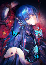 Rule 34 | 1boy, androgynous, armor, blood, blood on face, blood on hands, blue butterfly, bodysuit, bug, butterfly, chromatic aberration, colored eyelashes, diffraction spikes, eyelashes, film grain, flower, head tilt, highres, insect, long hair, looking at viewer, male focus, poppy (flower), protagonist (smtv), red flower, rock, sherytan, shin megami tensei, shin megami tensei v, sideways glance, snake, solo, very long hair, white snake, yellow eyes