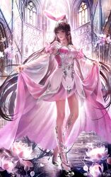 Rule 34 | 1girl, absurdres, animal ears, artist request, bare legs, brown hair, cathedral, closed mouth, detached sleeves, douluo dalu, flower, full body, hair ornament, high heels, highres, holding, holding clothes, holding skirt, long hair, lotus, pink eyes, pink flower, rabbit ears, second-party source, skirt, smile, solo, window, xiao wu (douluo dalu)