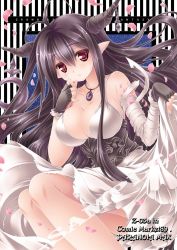 Rule 34 | 10s, 1girl, bandages, black hair, breasts, danua, draph, dress, fingerless gloves, gloves, granblue fantasy, horns, jewelry, large breasts, locket, long hair, necklace, ornament, pendant, petals, red eyes, solo, very long hair, white dress