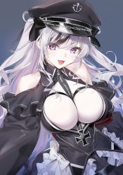 Rule 34 | 1girl, azur lane, bare shoulders, black corset, black hat, blush, breasts, clothing cutout, corset, dress, elbe (azur lane), frilled dress, frills, hat, highres, large breasts, layered dress, leotard, long hair, long sleeves, looking at viewer, multicolored hair, open mouth, peaked cap, shoulder cutout, skirt, smile, solo, streaked hair, white leotard, yd (orange maru)