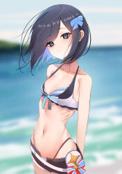 Rule 34 | 1girl, a-chan (hololive), absurdres, belt, bikini, bikini under shorts, black bikini, black shorts, blue bikini, blue bow, blue eyes, blue hair, blurry, blurry background, bow, breasts, closed mouth, colored inner hair, day, dot mouth, hair bow, highleg, highleg bikini, highres, hololive, hololive summer 2023 swimsuit, layered bikini, looking at viewer, loose belt, multicolored hair, navel, ocean, open clothes, open shorts, outdoors, ribs, rifufu, short hair, shorts, small breasts, solo, star (symbol), stomach, striped bikini, striped clothes, swimsuit, two-tone bikini, virtual youtuber, water, white bikini, wind