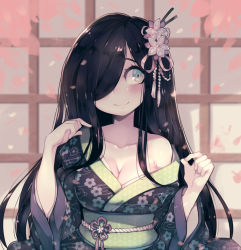 Rule 34 | 1girl, alternate costume, aria wintermint, bare shoulders, black hair, blue eyes, blush, breasts, cherry blossoms, cleavage, flower, grey eyes, hair flower, hair ornament, hair over one eye, japanese clothes, kimono, kimono pull, long hair, medium breasts, obi, off shoulder, parororo, plaid, resolution mismatch, sash, smile, solo, source larger, the crawling city, upper body, wide sleeves