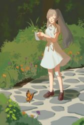 Rule 34 | 1girl, bandaged arm, bandages, bandaid, bandaid on arm, breasts, brown footwear, bug, bush, butterfly, closed eyes, collared dress, dress, flower, greyscale, holding, idolmaster, idolmaster shiny colors, insect, jichi, loafers, long hair, monochrome, open mouth, outdoors, plant, potted plant, shadow, shoes, short sleeves, small breasts, smile, socks, solo, standing, twintails, white dress, yukoku kiriko