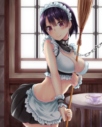 Rule 34 | 1girl, apron, bad id, bad pixiv id, bdsm, between breasts, blush, bondage, bound, breasts, broom, chain, chain leash, cleavage, collar, crop top, cup, female focus, jack dempa, large breasts, leash, looking at viewer, maid, maid apron, midriff, navel, original, pink eyes, purple hair, short hair, skirt, smile, solo, teacup, viewer holding leash, waist apron, wrist cuffs