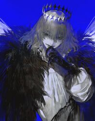 Rule 34 | 1boy, au (d elete), black hands, blue background, butterfly wings, cape, closed mouth, collared shirt, colored extremities, covering own mouth, diamond hairband, fate/grand order, fate (series), fur-trimmed cape, fur trim, greyscale, hair between eyes, hand over own mouth, highres, incest, insect wings, light smile, male focus, monochrome, oberon (fate), oberon (third ascension) (fate), puffy sleeves, shirt, simple background, solo, spot color, upper body, white shirt, wings