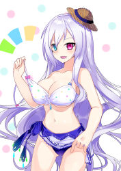 1girl bad_id bad_pixiv_id bikini blue_bikini blue_eyes blush breasts collarbone cowboy_shot female_focus hair_between_eyes hand_up hat heterochromia large_breasts light_purple_hair long_hair looking_at_viewer mini_hat mismatched_bikini navel nyori open_mouth original polka_dot polka_dot_background polka_dot_bikini purple_eyes purple_hair sidelocks smile solo straw_hat sun_hat swimsuit thighs very_long_hair white_bikini