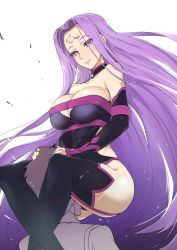 Rule 34 | 1boy, 1girl, akinaie, bare shoulders, between thighs, black dress, black thighhighs, blush, breasts, choker, cleavage, cleavage cutout, clothing cutout, covered erect nipples, detached sleeves, dress, facial mark, fate/grand order, fate/stay night, fate (series), forehead mark, fujimaru ritsuka (male), headlock, hip vent, large breasts, lips, long hair, medusa (fate), medusa (rider) (fate), medusa (rider) (third ascension) (fate), purple eyes, purple hair, shiny skin, skindentation, smile, solo, square pupils, thighhighs, very long hair