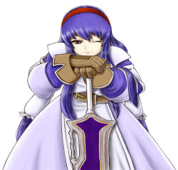 Rule 34 | 1girl, anastasia valeria, apron, armor, armored dress, belt, dress, gloves, hairband, long hair, mole, one eye closed, purple hair, red eyes, red hairband, renku, sidelocks, simple background, smile, solo, sword, twintails, very long hair, weapon, white background, wild arms, wild arms 2, wink