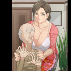 Rule 34 | 1boy, 1girl, age difference, aratama (a-tama), balding, breasts, cleavage, collarbone, commentary request, grey hair, height difference, huge breasts, indoors, looking at viewer, mature female, old, old man, original, pillarboxed, plant, potted plant