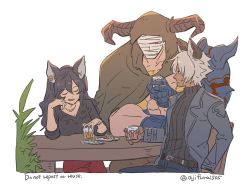 Rule 34 | 1girl, 2boys, animal ears, armor, asaya minoru, bandaged head, bandages, black pants, black shirt, black sweater, chair, character request, crossed legs, cup, dark-skinned female, dark-skinned male, dark skin, drinking glass, english text, gauntlets, granblue fantasy, grey hair, grey jacket, holding, holding cup, horns, ilsa (granblue fantasy), jacket, long sleeves, multiple boys, on chair, open clothes, open jacket, pants, pauldrons, profile, red eyes, red pants, ribbed sweater, shirt, shoulder armor, simple background, sitting, spikes, sweater, table, turtleneck, turtleneck sweater, twitter username, white background
