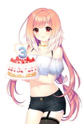 Rule 34 | 1girl, asymmetrical legwear, bare shoulders, black shorts, breasts, cake, cleavage, food, fruit, grey shirt, heart, highres, holding, holding cake, holding food, large breasts, looking at viewer, mismatched legwear, official art, selena (soccer spirits), shirahane nao, shirt, shorts, smile, soccer spirits, stomach, strawberry, thighhighs, transparent background
