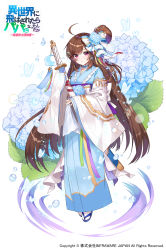 Rule 34 | 1girl, ahoge, animal, apple caramel, blue bow, blue flower, blue footwear, blue kimono, bow, breasts, brown hair, bug, butterfly, character request, closed mouth, commentary request, copyright name, copyright notice, flower, frilled kimono, frills, hair between eyes, hair bow, highres, hydrangea, insect, isekai ni tobasaretara papa ni nattandaga, japanese clothes, katana, kimono, long hair, looking at viewer, obi, official art, red eyes, sandals, sash, sheath, sheathed, small breasts, socks, solo, sword, tabi, very long hair, watermark, weapon, white background, white socks, zouri