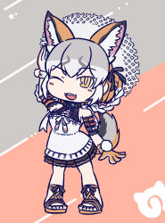 Rule 34 | 1girl, 4600ns, animal ears, belt, brown hair, dress, extra ears, fox ears, fox girl, fox tail, gloves, grey hair, hat, highres, island fox (kemono friends), japari symbol, kemono friends, kemono friends v project, long hair, looking at viewer, one eye closed, orange hair, ribbon, sandals, simple background, solo, sundress, tail, twintails, virtual youtuber