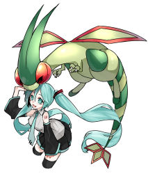 Rule 34 | 1girl, absurdres, black skirt, black thighhighs, breasts, collared shirt, commentary request, creatures (company), crossover, detached sleeves, eyelashes, floating hair, flygon, game freak, gen 3 pokemon, green eyes, green hair, green neckwear, hair between eyes, hatsune miku, highres, long hair, looking up, necktie, nintendo, open mouth, pleated skirt, pokemon, pokemon (creature), reirou (chokoonnpu), shirt, skirt, sleeveless, sleeveless shirt, smile, thighhighs, tongue, twintails, vocaloid