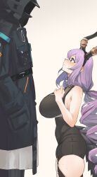 Rule 34 | 1girl, 1other, absurdres, arknights, blush, breasts, doctor (arknights), garter straps, hand in pocket, height difference, highres, hood, hooded coat, horns, large breasts, long hair, looking up, profile, purple eyes, purple hair, radioneet, sleeveless, sweat, thick thighs, thighs, typhon (arknights)