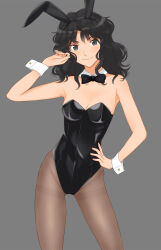 Rule 34 | 1girl, amagami, animal ears, bare shoulders, black bow, black bowtie, black eyes, black hair, black leotard, bow, bowtie, breasts, brown pantyhose, cleavage, closed mouth, collar, contrapposto, covered navel, cowboy shot, curly hair, detached collar, fake animal ears, fishnet pantyhose, fishnets, gluteal fold, grey background, hand on own hip, hand up, highleg, highleg leotard, highres, legs apart, leotard, looking at viewer, medium breasts, medium hair, messy hair, pantyhose, playboy bunny, rabbit ears, simple background, solo, strapless, strapless leotard, takemi kaoru, tanamachi kaoru, thighs, traditional bowtie, wavy hair, white collar, white wrist cuffs, wrist cuffs