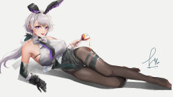 Rule 34 | 1girl, absurdres, animal ears, azur lane, backless leotard, black bow, black bowtie, black leotard, bow, bowtie, breasts, brown pantyhose, cup, detached collar, ear piercing, elbow gloves, fake animal ears, full body, gloves, grey background, highleg, highleg leotard, highres, holding, holding cup, large breasts, leotard, leotard under clothes, light purple hair, linjianga lin, looking at viewer, lying, mechanical hands, metal gloves, official alternate costume, on side, pantyhose, parted hair, piercing, playboy bunny, pouring, pouring onto self, purple eyes, rabbit ears, reno (azur lane), reno (reno bunnino) (azur lane), see-through, see-through shirt, short hair with long locks, side-tie leotard, signature, simple background, single elbow glove, single mechanical hand, soles, solo, strapless, strapless leotard, thigh strap, tongue, weapon, white bow, white bowtie, wrist cuffs