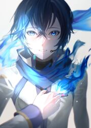 Rule 34 | 1boy, absurdres, backlighting, blue eyes, blue fire, blue hair, blue nails, blue theme, coat, fire, hair between eyes, hand on own chest, headset, highres, kaito (vocaloid), kaito (vocaloid3), looking at viewer, male focus, nico1016, see-through, short hair, sidelighting, smile, solo, vocaloid, white background, white coat