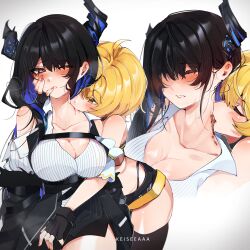 Rule 34 | 2girls, absurdres, asymmetrical horns, bare shoulders, biting, black hair, blood, blue hair, breasts, character request, colored inner hair, demon horns, hair ornament, highres, hololive, hololive english, horns, keisea, large breasts, long hair, looking at viewer, mole, mole under eye, multicolored hair, multiple girls, neck biting, nerissa ravencroft, nerissa ravencroft (1st costume), red eyes, smile, two-tone hair, uneven horns, vampire, virtual youtuber, yozora mel