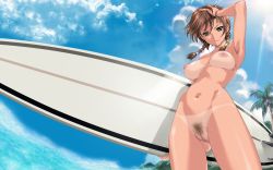 Rule 34 | 1girl, armpits, bikini tan, bracelet, braid, breasts, breasts apart, brown hair, cloud, cowboy shot, day, female pubic hair, front-tie top, gluteal fold, green eyes, hand on own head, happoubi jin, highres, hip bones, jewelry, kuouzumi mika, large breasts, looking at viewer, navel, nipples, nude, nude filter, pubic hair, pussy, resort boin, self-upload, skindentation, sky, smile, solo, surfboard, swimsuit, tan, tanline, third-party edit, twin braids, uncensored, wet