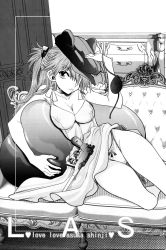 Rule 34 | 1girl, bare legs, blush, breasts, clothes lift, curvy, dress, dress lift, evangelion: 3.0 you can (not) redo, eyepatch, female focus, hat, highleg, highleg panties, highres, large breasts, long hair, looking at viewer, monochrome, neon genesis evangelion, nipples, osaru, panties, rebuild of evangelion, side-tie panties, smile, solo, souryuu asuka langley, thong, tongue, tongue out, twintails, underwear, weapon
