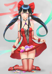 Rule 34 | 1girl, absurdres, black hair, blush, bow, breasts, commentary request, darkmuleth, dress, flower, hair bow, highres, holding, holding clothes, holding dress, jewelry, kneeling, long hair, original, purple eyes, red bow, red dress, red footwear, red legwear, simple background, solo
