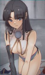 Rule 34 | 1girl, absurdres, all fours, arm support, bare shoulders, black hair, blue eyes, blunt bangs, blush, breast curtains, breasts, chromatic aberration, cleavage, code nt, commentary, detached sleeves, english commentary, fate/grand order, fate (series), hair down, heart, heart-shaped pupils, highres, kneeling, long hair, looking at viewer, medium breasts, no pants, parted bangs, revealing clothes, solo, sweatdrop, symbol-shaped pupils, tsurime, ushiwakamaru (fate)