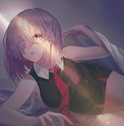 Rule 34 | 1girl, absurdres, black dress, breasts, dress, fate/grand order, fate (series), hair between eyes, hair over one eye, highres, light particles, lying, mash kyrielight, medium breasts, medium hair, necktie, on bed, on side, open mouth, pink eyes, pink hair, pov across bed, red necktie, short dress, sleeveless, sleeveless dress, solo, under covers, xeonomi