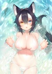 Rule 34 | 1girl, :3, akuma (st.takuma), animal, animal ears, bikini, black hair, blue eyes, breasts, claw pose, collarbone, cowboy shot, day, fingernails, fish, from above, grey wolf (kemono friends), hair between eyes, hair intakes, hands up, heterochromia, highres, kemono friends, large breasts, long hair, looking at viewer, lying, multicolored hair, navel, on back, outdoors, partially submerged, side-tie bikini bottom, skindentation, smile, stomach, swimsuit, tail, tongue, tongue out, two-tone hair, water, white bikini, white hair, wolf ears, wolf girl, wolf tail, yellow eyes