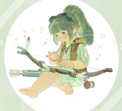 Rule 34 | 1girl, arrow (projectile), bare legs, barefoot, black bow, border, bow, bow (weapon), brown vest, chinese text, circle, closed mouth, commission, feathers, final fantasy, final fantasy xiv, full body, green border, green eyes, green hair, green shirt, hair bow, highres, holding, holding string, koubayouniao, lalafell, musical note, pointy ears, ponytail, shirt, sidelocks, sitting, soles, solo, string, toes, vest, watermark, weapon, white background