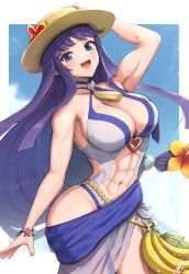 Rule 34 | 1girl, :d, abs, absurdres, altina (fire emblem), armpit crease, banana, bare shoulders, biceps, blue background, blue eyes, blue sarong, blush, bracelet, breasts, choker, cleavage, clothing cutout, cloud, cloudy sky, collarbone, criss-cross halter, eyebrows hidden by hair, female focus, fire emblem, fire emblem: radiant dawn, fire emblem heroes, flower, food, fruit, gonzarez, grey one-piece swimsuit, hair ornament, hairclip, halter top bikini, halterneck, hand on headwear, hat, heart, hibiscus, highres, jewelry, large breasts, linea alba, long hair, looking at viewer, muscular, muscular arms, muscular female, muscular, navel, navel cutout, neck tassel, nintendo, official alternate costume, one-piece swimsuit, open mouth, outdoors, purple hair, sarong, seashell, shell, simple background, sky, smile, solo, stomach cutout, sun hat, swimsuit, tassel, white one-piece swimsuit, wide hips