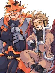 Rule 34 | &gt; o, 2boys, beard, boku no hero academia, endeavor (boku no hero academia), facial hair, fur-trimmed jacket, fur trim, hawks (boku no hero academia), jacket, large pectorals, crossed legs, looking at viewer, male focus, mature male, miso (mimimiso), multiple boys, muscular, muscular male, one eye closed, pectorals, red hair, scar, scar across eye, scar on face, short hair, sideburns, spiked hair, stroking beard, stubble, thick thighs, thighs