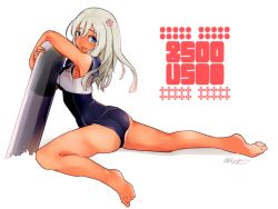 Rule 34 | 1girl, ass, black one-piece swimsuit, black sailor collar, blonde hair, blue eyes, character name, commentary request, crop top, from behind, full body, hair ornament, kantai collection, long hair, looking at viewer, one-hour drawing challenge, one-piece swimsuit, one-piece tan, righgi, ro-500 (kancolle), sailor collar, school swimsuit, solo, swimsuit, swimsuit under clothes, tan, tanline, torpedo, white background