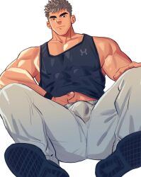 Rule 34 | 1boy, bara, black tank top, bulge, clothes lift, dark-skinned male, dark skin, expressionless, grey pants, hand under clothes, highres, knees up, large pectorals, looking at viewer, male focus, mature male, midriff peek, muscular, muscular male, original, pants, pectoral cleavage, pectorals, shirt lift, short hair, sideburns, solo, tank top, thick eyebrows, track pants, youchi123