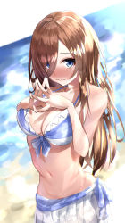 Rule 34 | 1girl, asse 4, bad id, bad pixiv id, beach, bikini, blue eyes, blush, breasts, brown hair, fingers together, front-tie top, go-toubun no hanayome, hands on own chest, highres, large breasts, long hair, midriff, nakano miku, nervous smile, ocean, smile, solo, swimsuit